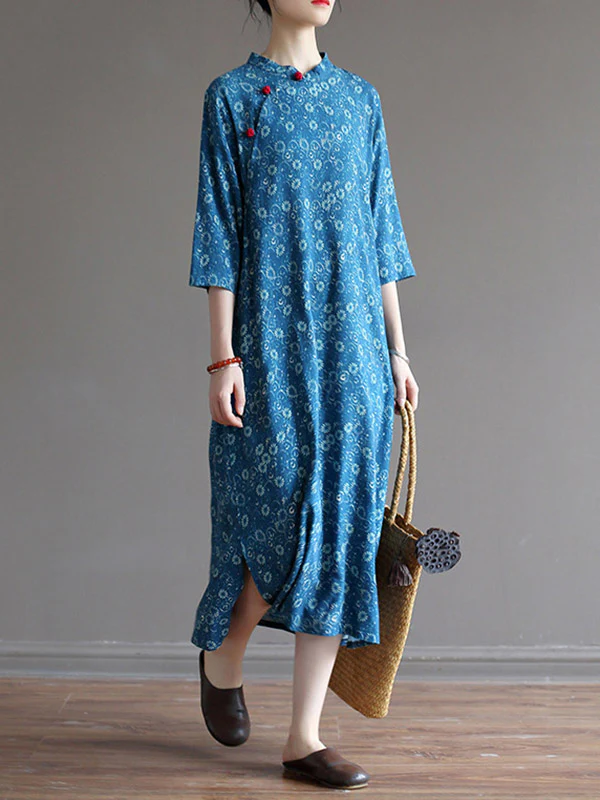 Original Solid Floral Stand Collar Midi Dress - Image 6