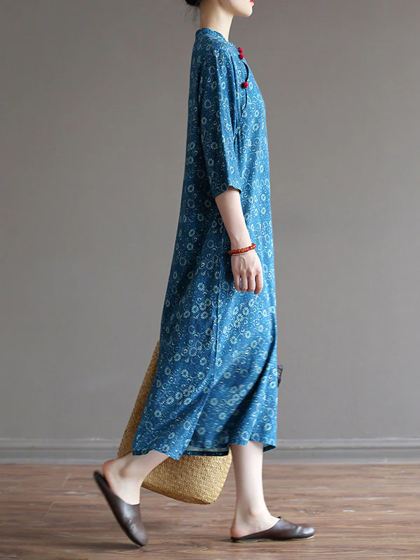 Original Solid Floral Stand Collar Midi Dress - Image 7