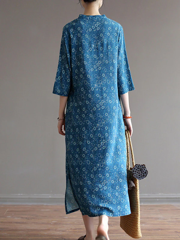 Original Solid Floral Stand Collar Midi Dress - Image 8