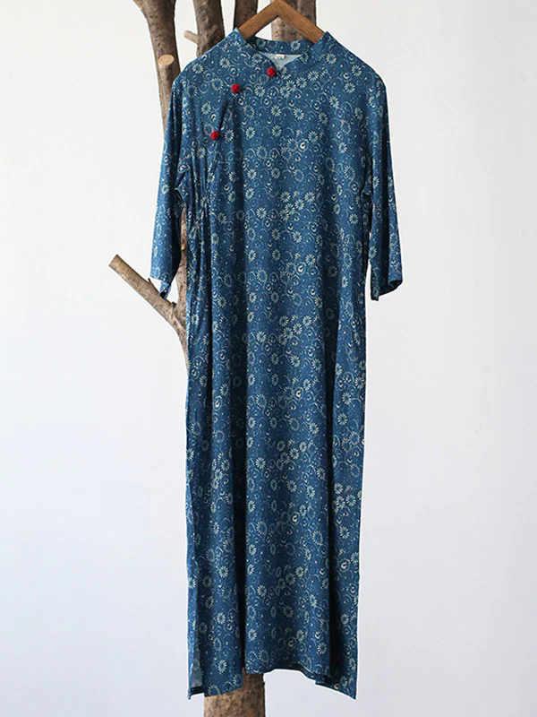 Original Solid Floral Stand Collar Midi Dress - Image 9