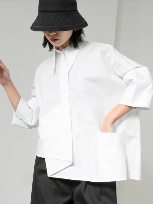 Original Solid Irregularity Lapel Blouse - Image 2