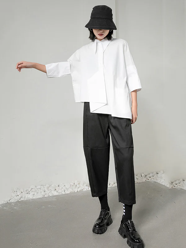 Original Solid Irregularity Lapel Blouse - Image 8