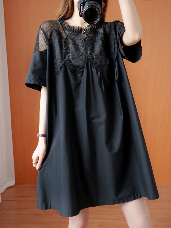 Original Solid Lace Split-Side Short Sleeve A-Line Mini Dress - Image 10
