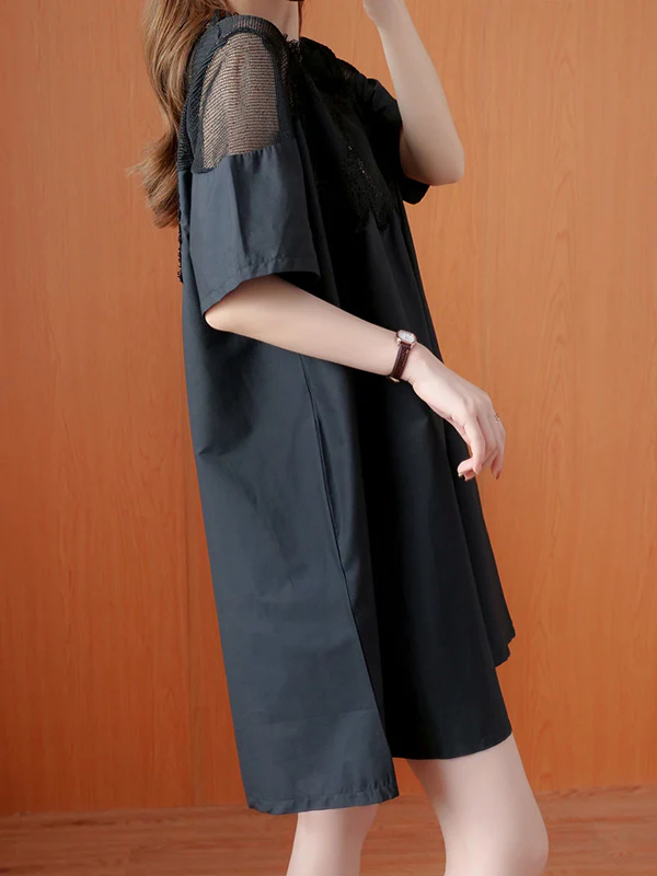 Original Solid Lace Split-Side Short Sleeve A-Line Mini Dress - Image 11