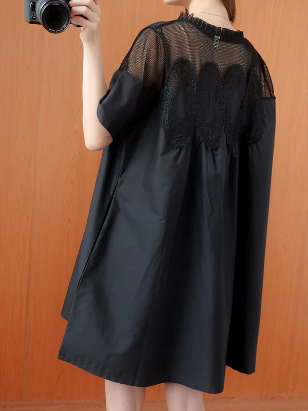 Original Solid Lace Split-Side Short Sleeve A-Line Mini Dress - Image 12