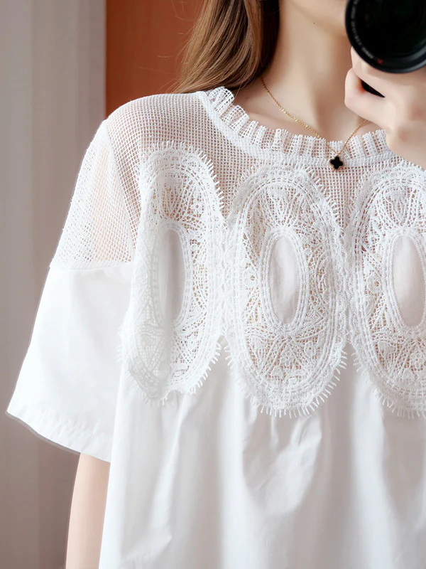 Original Solid Lace Split-Side Short Sleeve A-Line Mini Dress - Image 15