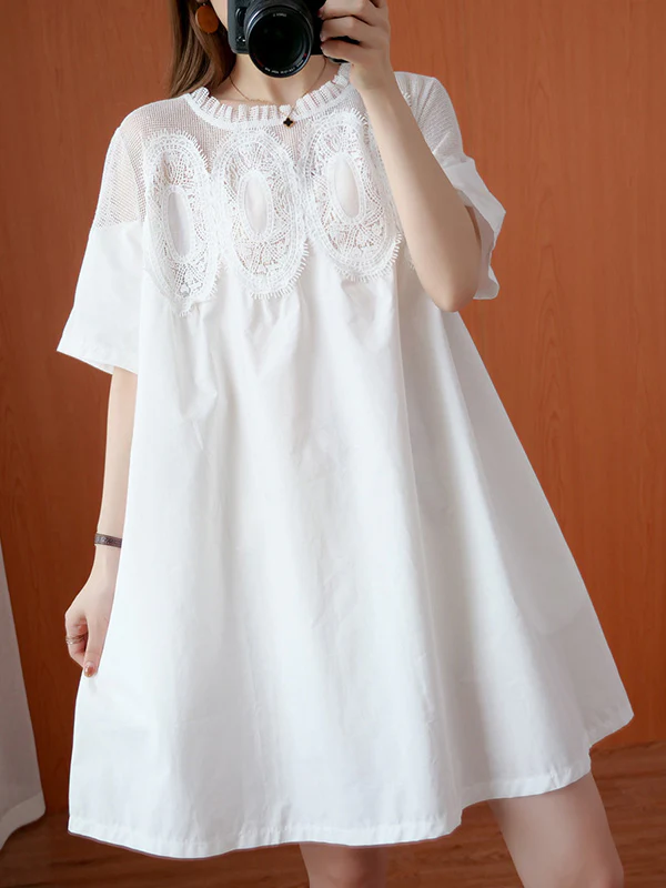 Original Solid Lace Split-Side Short Sleeve A-Line Mini Dress - Image 2