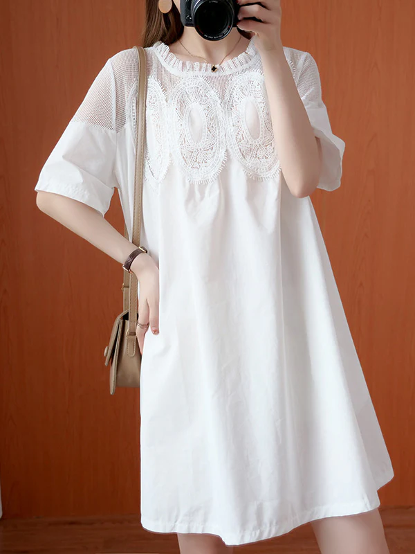 Original Solid Lace Split-Side Short Sleeve A-Line Mini Dress - Image 3