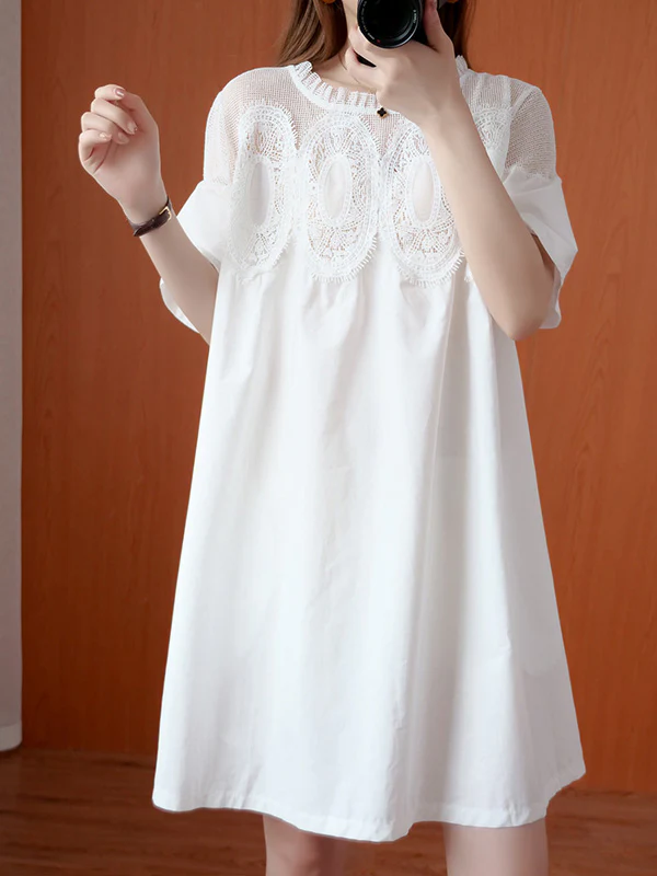 Original Solid Lace Split-Side Short Sleeve A-Line Mini Dress - Image 4