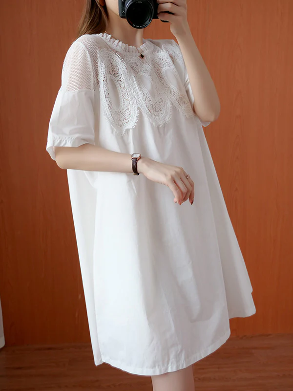 Original Solid Lace Split-Side Short Sleeve A-Line Mini Dress - Image 5