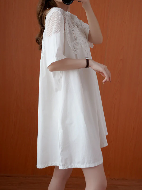 Original Solid Lace Split-Side Short Sleeve A-Line Mini Dress - Image 6