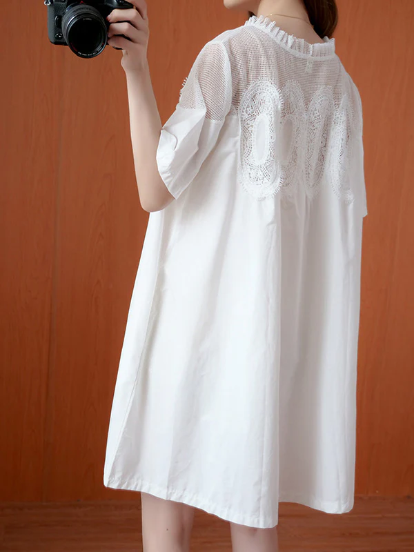 Original Solid Lace Split-Side Short Sleeve A-Line Mini Dress - Image 7