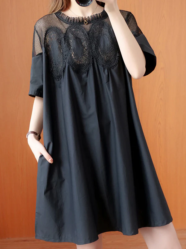 Original Solid Lace Split-Side Short Sleeve A-Line Mini Dress - Image 8