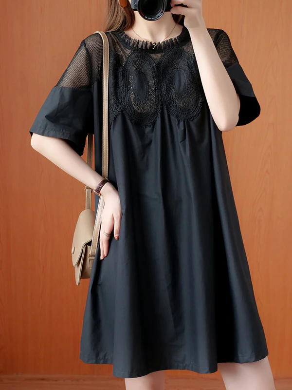 Original Solid Lace Split-Side Short Sleeve A-Line Mini Dress - Image 9