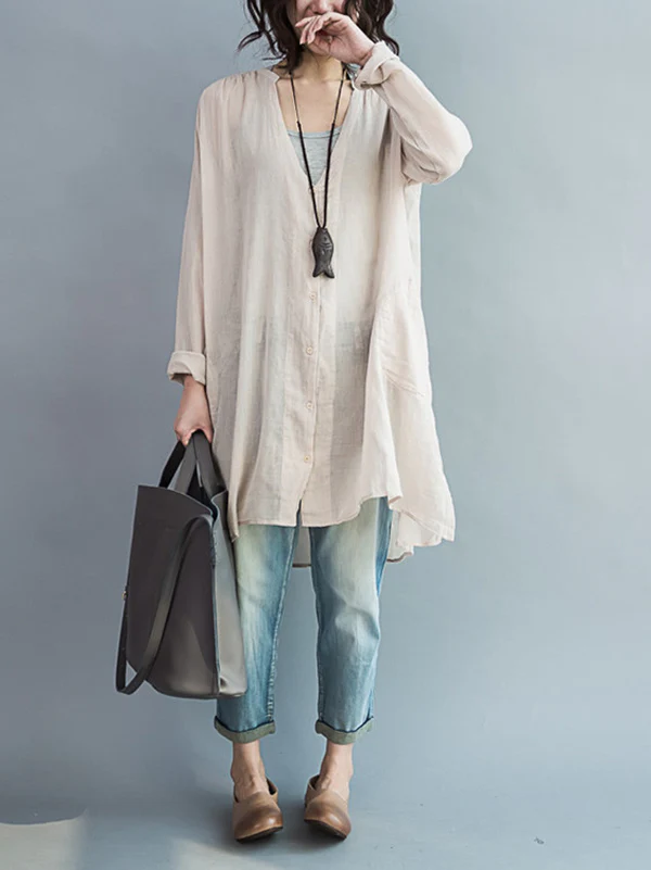Original Solid Sun-Protection V-Neck Blouse Tops - Image 10
