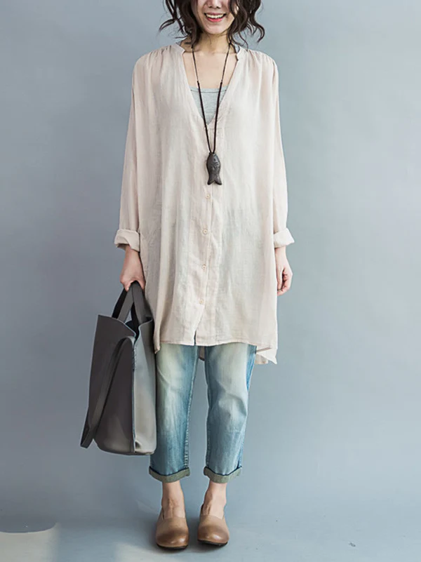 Original Solid Sun-Protection V-Neck Blouse Tops - Image 11