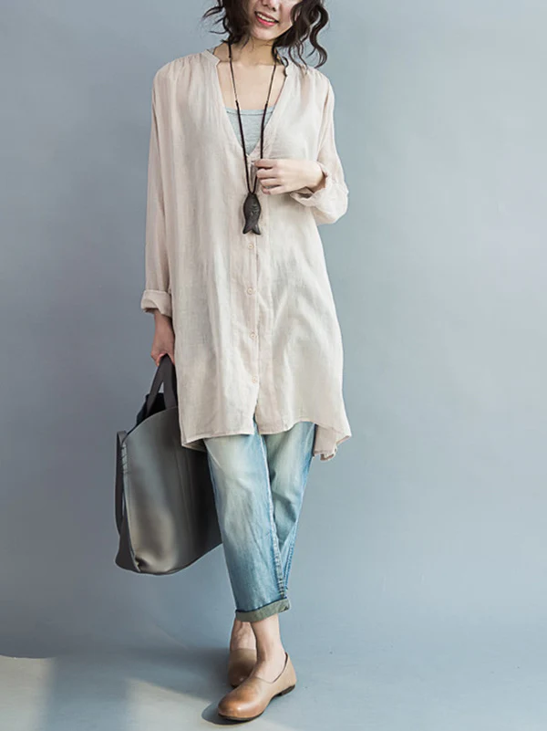 Original Solid Sun-Protection V-Neck Blouse Tops - Image 12