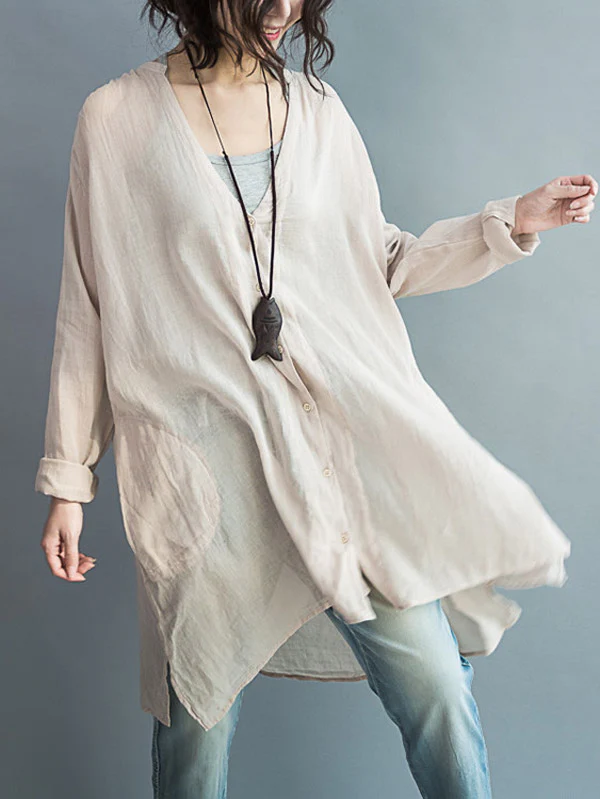 Original Solid Sun-Protection V-Neck Blouse Tops - Image 2