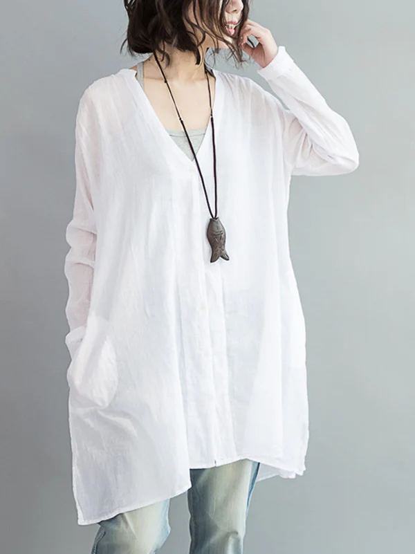 Original Solid Sun-Protection V-Neck Blouse Tops - Image 4