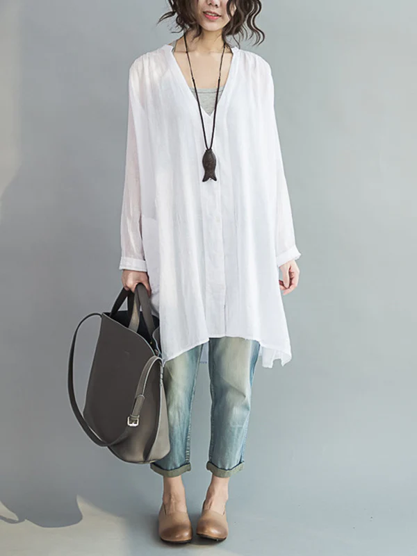 Original Solid Sun-Protection V-Neck Blouse Tops - Image 6