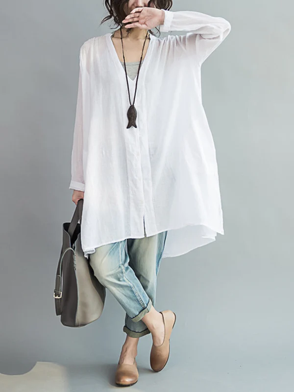 Original Solid Sun-Protection V-Neck Blouse Tops - Image 7