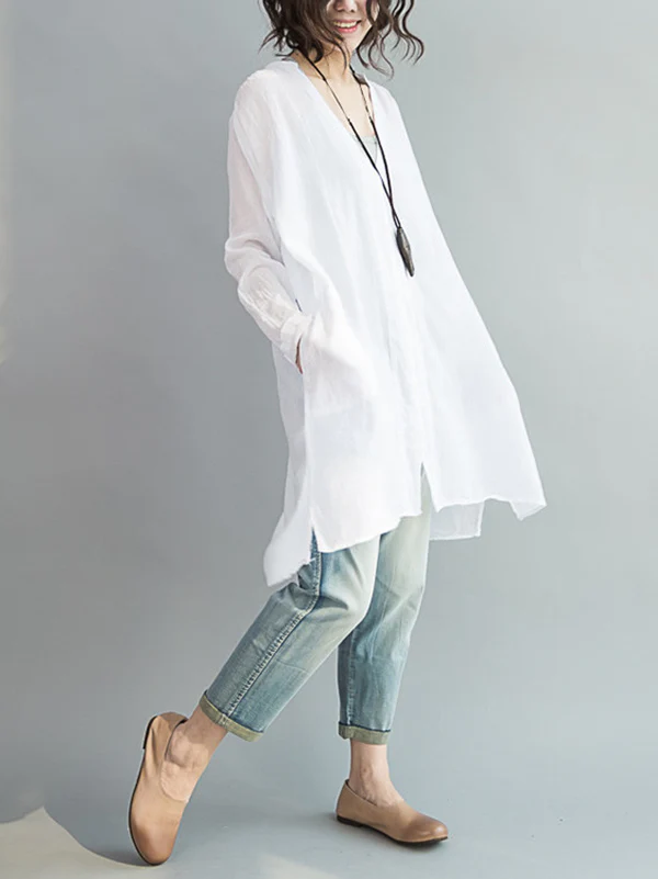 Original Solid Sun-Protection V-Neck Blouse Tops - Image 8