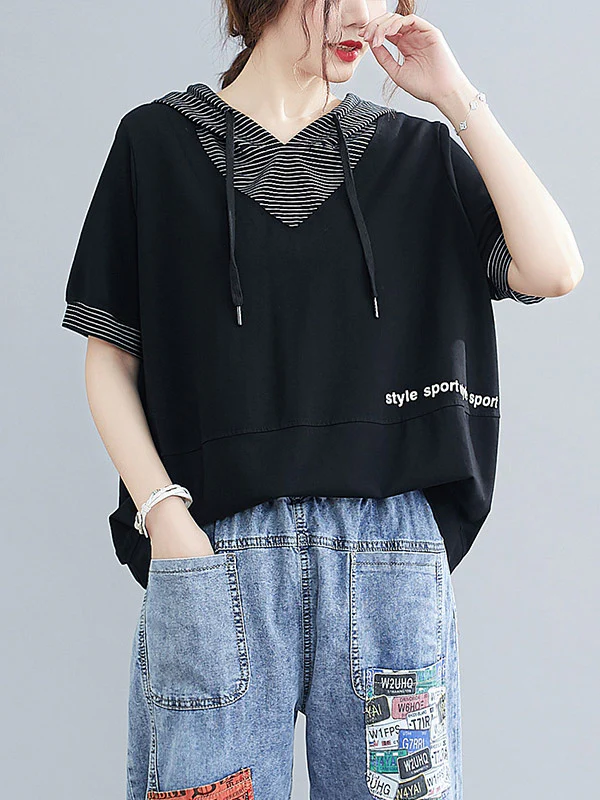Original Stripe Letter Print Split-Joint T-Shirt - Image 2
