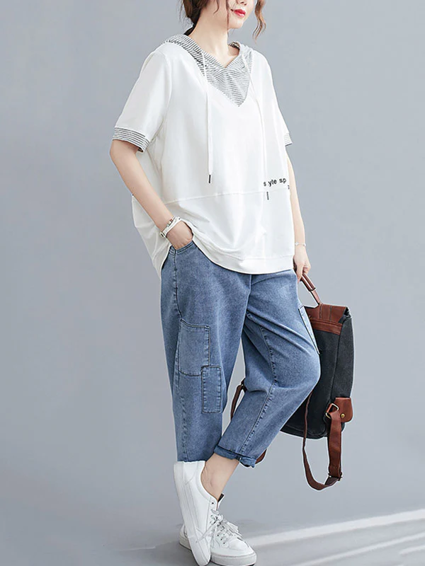 Original Stripe Letter Print Split-Joint T-Shirt - Image 5