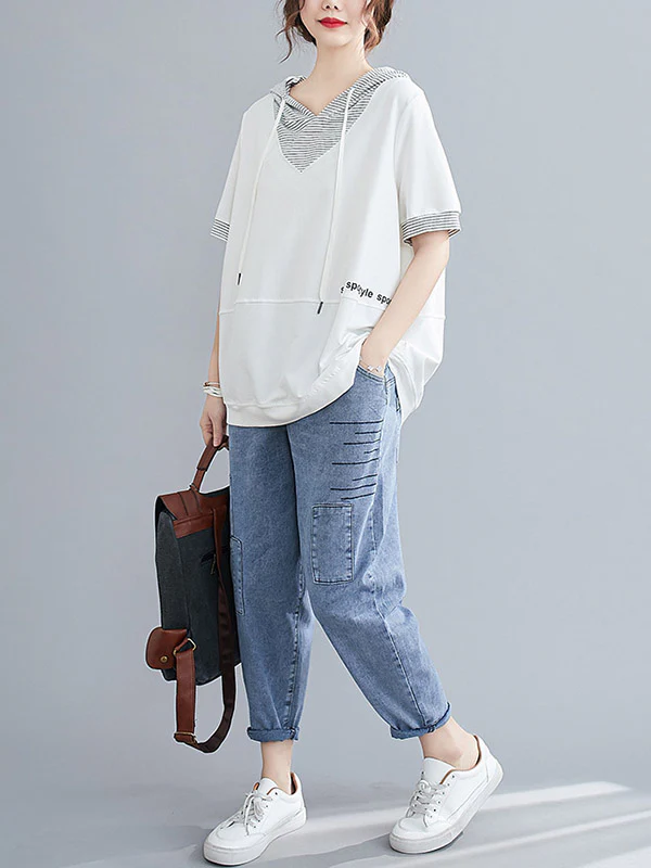 Original Stripe Letter Print Split-Joint T-Shirt - Image 6