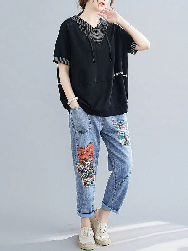 Original Stripe Letter Print Split-Joint T-Shirt - Image 7