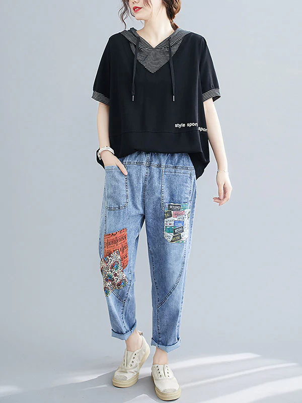 Original Stripe Letter Print Split-Joint T-Shirt - Image 8