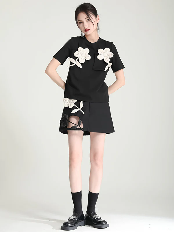 Original Stylish Applique Contrast Color T-Shirt Top - Image 10