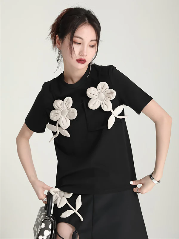 Original Stylish Applique Contrast Color T-Shirt Top - Image 2