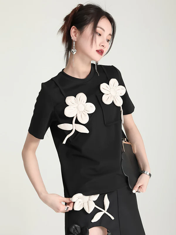 Original Stylish Applique Contrast Color T-Shirt Top - Image 3