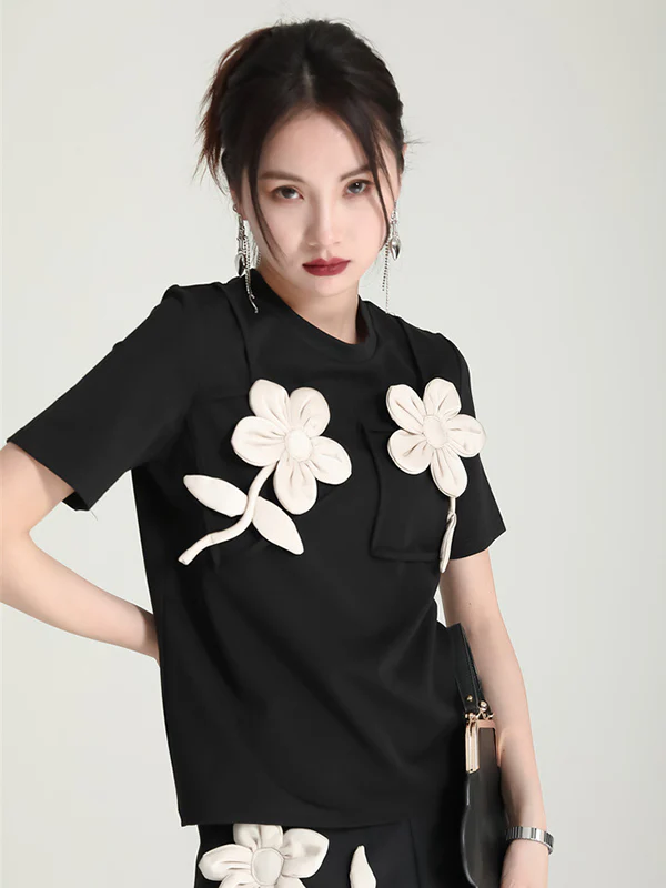 Original Stylish Applique Contrast Color T-Shirt Top - Image 4