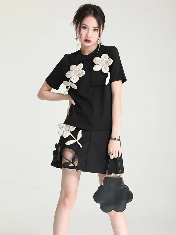 Original Stylish Applique Contrast Color T-Shirt Top - Image 5