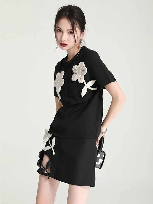 Original Stylish Applique Contrast Color T-Shirt Top - Image 6