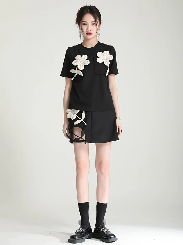 Original Stylish Applique Contrast Color T-Shirt Top - Image 9