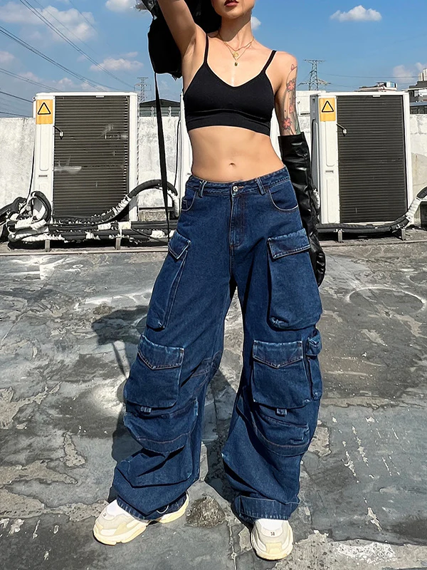 Original Wide Leg Loose Split-Joint With Big Pockets Jean Pants Bottoms - Image 4