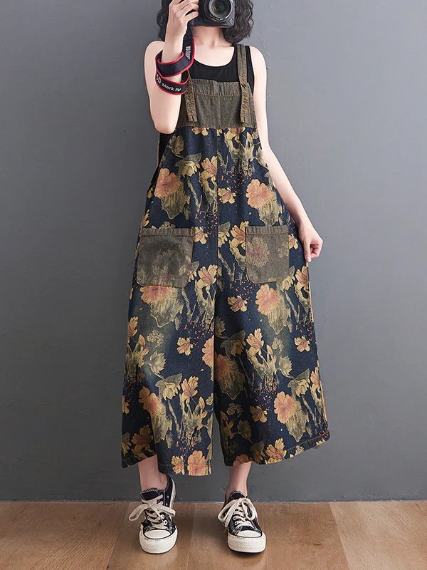 Oversize Wide Leg Floral Printed Split-Joint Overalls - Image 2