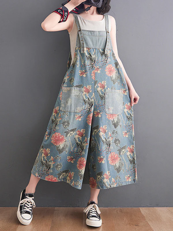 Oversize Wide Leg Floral Printed Split-Joint Overalls - Image 3