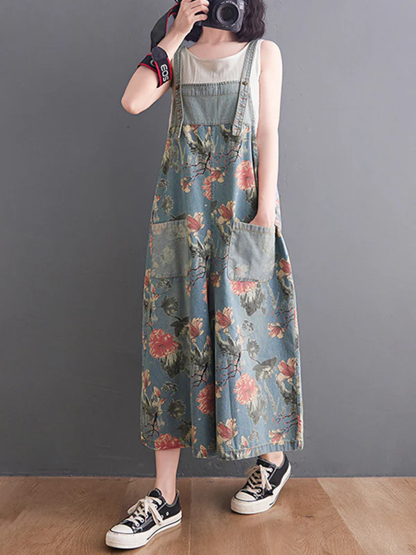 Oversize Wide Leg Floral Printed Split-Joint Overalls - Image 4