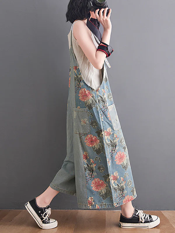 Oversize Wide Leg Floral Printed Split-Joint Overalls - Image 5