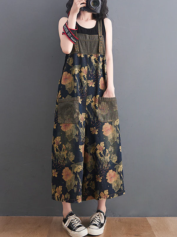 Oversize Wide Leg Floral Printed Split-Joint Overalls - Image 7
