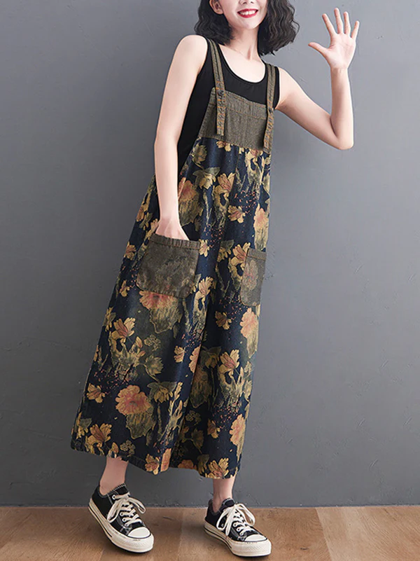 Oversize Wide Leg Floral Printed Split-Joint Overalls - Image 8