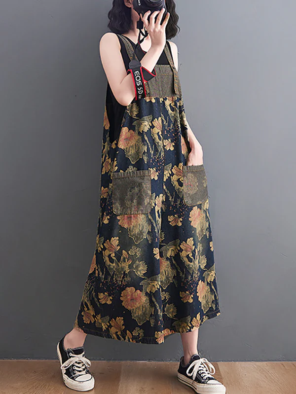 Oversize Wide Leg Floral Printed Split-Joint Overalls - Image 9