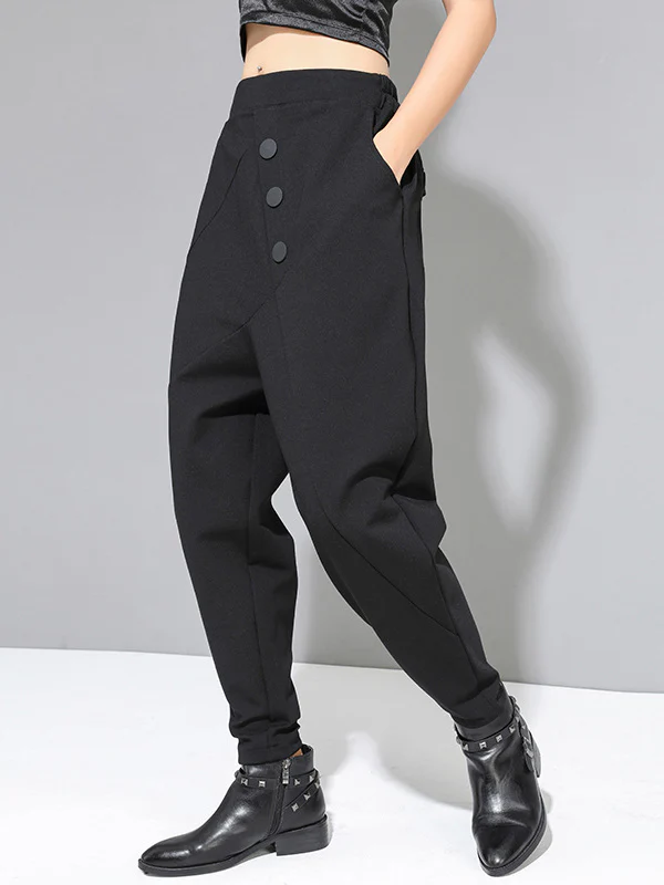 Personality Black With Button High-Waist Harem Pants - Image 3