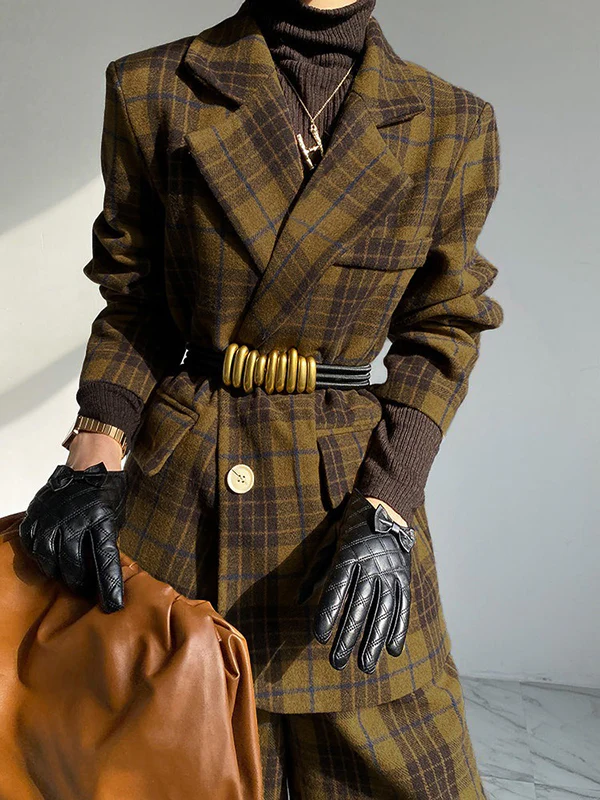 Plaid Split-Joint Lapel Jackets Woolen Coat - Image 2