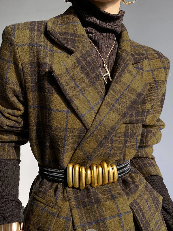 Plaid Split-Joint Lapel Jackets Woolen Coat - Image 3