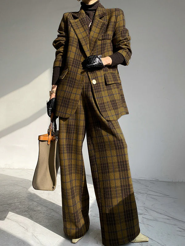 Plaid Split-Joint Lapel Jackets Woolen Coat - Image 6